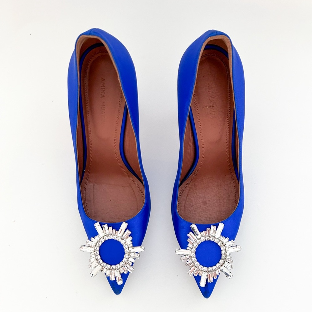 Amina Muaddi Begum Electric Blue Satin Crystal Rhinestone Pumps High Heels 37 - Picture 3 of 12